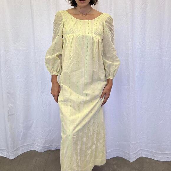 Women's Small Dress Yellow Handmade Vintage 80s Prom Long Sleeve Embroidered - Picture 2 of 3